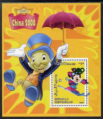 Somalia 2007 Disney - China 2008 Stamp Exhibition #06 perf m/sheet featuring Minny Mouse & Jiminy Cricket overprinted with Olympic rings in green foil, unmounted mint. Note this item is privately produced and is offered purely on its thematic appeal, stamps on disney, stamps on films, stamps on cinema, stamps on movies, stamps on cartoons, stamps on stamp exhibitions, stamps on skiing, stamps on umbrellas, stamps on olympics