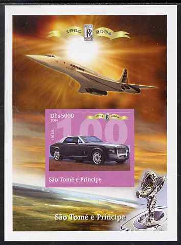 St Thomas & Prince Islands 2004 Rolls Royce Centenary #01 imperf s/sheet unmounted mint. Note this item is privately produced and is offered purely on its thematic appeal, stamps on aviation, stamps on concorde, stamps on cars, stamps on rolls, stamps on rolls royce
