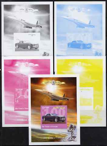 St Thomas & Prince Islands 2004 Rolls Royce Centenary #01 s/sheet - the set of 5 imperf progressive proofs comprising the 4 individual colours plus all 4-colour composite..., stamps on aviation, stamps on concorde, stamps on cars, stamps on rolls, stamps on rolls royce