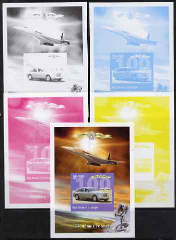 St Thomas & Prince Islands 2004 Rolls Royce Centenary #02 s/sheet - the set of 5 imperf progressive proofs comprising the 4 individual colours plus all 4-colour composite..., stamps on aviation, stamps on concorde, stamps on cars, stamps on rolls, stamps on rolls royce