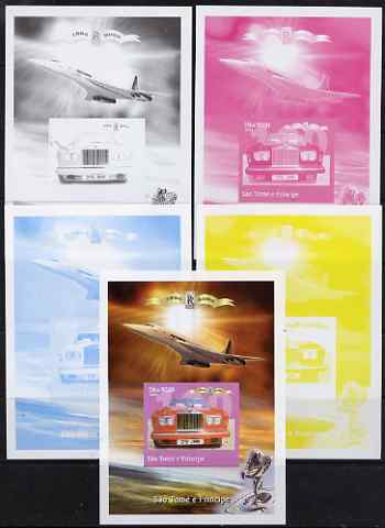 St Thomas & Prince Islands 2004 Rolls Royce Centenary #03 s/sheet - the set of 5 imperf progressive proofs comprising the 4 individual colours plus all 4-colour composite..., stamps on aviation, stamps on concorde, stamps on cars, stamps on rolls, stamps on rolls royce