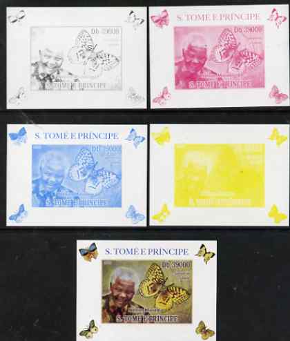 St Thomas & Prince Islands 2009 Nelson Mandela & Butterfly #1 individual deluxe sheet - the set of 5 imperf progressive proofs comprising the 4 individual colours plus all 4-colour composite, unmounted mint , stamps on personalities, stamps on mandela, stamps on nobel, stamps on peace, stamps on racism, stamps on human rights, stamps on butterflies