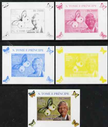 St Thomas & Prince Islands 2009 Nelson Mandela & Butterfly #2 individual deluxe sheet - the set of 5 imperf progressive proofs comprising the 4 individual colours plus al..., stamps on personalities, stamps on mandela, stamps on nobel, stamps on peace, stamps on racism, stamps on human rights, stamps on butterflies