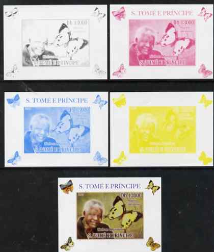 St Thomas & Prince Islands 2009 Nelson Mandela & Butterfly #3 individual deluxe sheet - the set of 5 imperf progressive proofs comprising the 4 individual colours plus all 4-colour composite, unmounted mint , stamps on personalities, stamps on mandela, stamps on nobel, stamps on peace, stamps on racism, stamps on human rights, stamps on butterflies