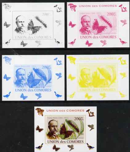 Comoro Islands 2008 Entomologists & Butterflies #1 Nathan Banks individual deluxe sheet - the set of 5 imperf progressive proofs comprising the 4 individual colours plus all 4-colour composite, unmounted mint , stamps on personalities, stamps on butterflies, stamps on scientists, stamps on 