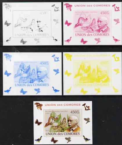 Comoro Islands 2008 Entomologists & Butterflies #6 Per Olaf Christopher Aurivillius individual deluxe sheet - the set of 5 imperf progressive proofs comprising the 4 individual colours plus all 4-colour composite, unmounted mint , stamps on personalities, stamps on butterflies, stamps on scientists, stamps on 