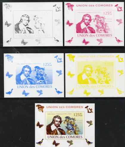 Comoro Islands 2008 Ornithologists & Birds #1 John James Audubon 125f individual deluxe sheet - the set of 5 imperf progressive proofs comprising the 4 individual colours plus all 4-colour composite, unmounted mint , stamps on personalities, stamps on birds, stamps on scientists, stamps on 