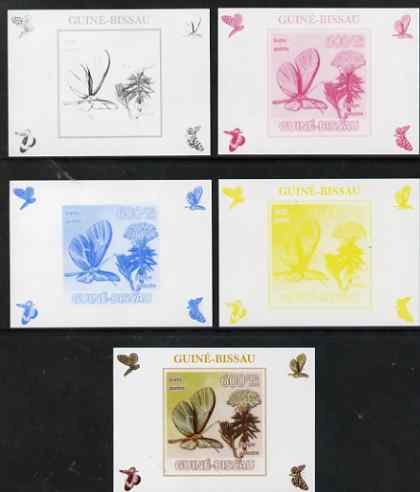 Guinea - Bissau 2009 Butterflies & Flowers #1 individual deluxe sheet - the set of 5 imperf progressive proofs comprising the 4 individual colours plus all 4-colour compo..., stamps on butterflies, stamps on flowers, stamps on 