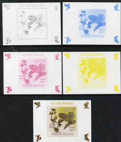 Guinea - Bissau 2009 Butterflies & Flowers #2 individual deluxe sheet - the set of 5 imperf progressive proofs comprising the 4 individual colours plus all 4-colour compo..., stamps on butterflies, stamps on flowers, stamps on 