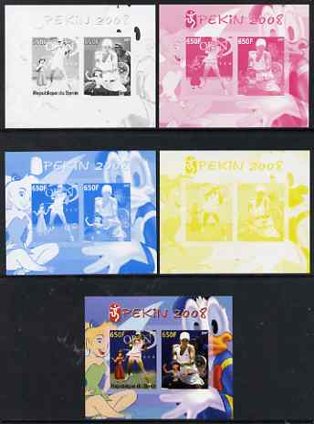 Benin 2007 Beijing Olympic Games #11 - Tennis (2) s/sheet containing 2 values (Disney characters in background) - the set of 5 imperf progressive proofs comprising the 4 individual colours plus all 4-colour composite, unmounted mint , stamps on , stamps on  stamps on sport, stamps on  stamps on olympics, stamps on  stamps on disney, stamps on  stamps on tennis