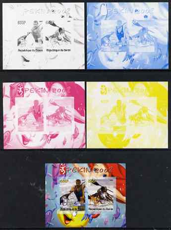 Benin 2007 Beijing Olympic Games #05 - Rowing (2) s/sheet containing 2 values (Disney characters in background) - the set of 5 imperf progressive proofs comprising the 4 individual colours plus all 4-colour composite, unmounted mint , stamps on sport, stamps on olympics, stamps on disney, stamps on rowing