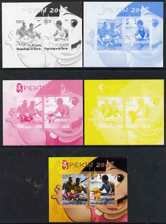 Benin 2007 Beijing Olympic Games #06 - Rowing (3) s/sheet containing 2 values (Disney characters in background) - the set of 5 imperf progressive proofs comprising the 4 individual colours plus all 4-colour composite, unmounted mint , stamps on sport, stamps on olympics, stamps on disney, stamps on rowing
