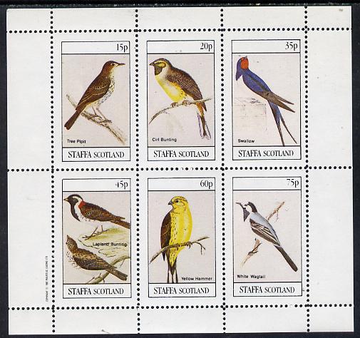 Staffa 1982 Birds #08 (Tree Pipit, Swallow, Wagtail, etc) perf set of 6 values (15p to 75p) unmounted mint, stamps on birds     pipit    bunting    swallow    yellow-hammer      wagtail