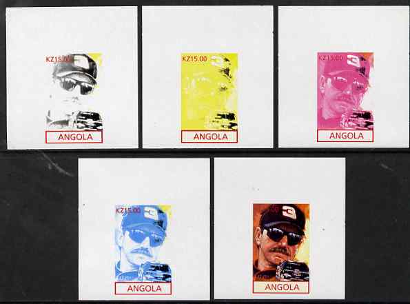 Angola 2001 American Sports Stars - Dale Earnhardt - the set of 5 imperf progressive proofs comprising colour combinations plus all 5-colour composite, unmounted mint , stamps on personalities, stamps on sport, stamps on cars, stamps on racing cars