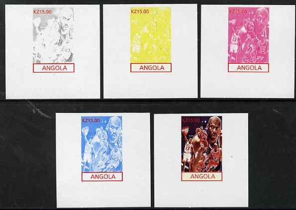 Angola 2001 American Sports Stars - Basketball - the set of 5 imperf progressive proofs comprising colour combinations plus all 5-colour composite, unmounted mint , stamps on sport, stamps on basketball