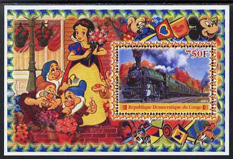 Congo 2005 Steam Locos #02 perf s/sheet with Disney characters in background unmounted mint. Note this item is privately produced and is offered purely on its thematic appeal, stamps on movies, stamps on films, stamps on cinema, stamps on disney, stamps on railways