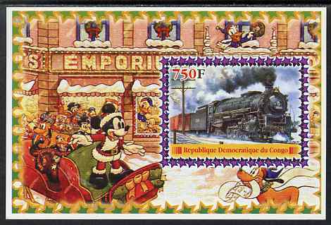 Congo 2005 Steam Locos #04 perf s/sheet with Disney characters in background unmounted mint. Note this item is privately produced and is offered purely on its thematic appeal, stamps on movies, stamps on films, stamps on cinema, stamps on disney, stamps on railways