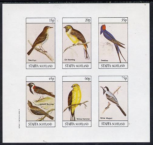 Staffa 1982 Birds #08 (Tree Pipit, Swallow, Wagtail, etc) imperf set of 6 values (15p to 75p) unmounted mint, stamps on birds     pipit    bunting    swallow    yellow-hammer      wagtail