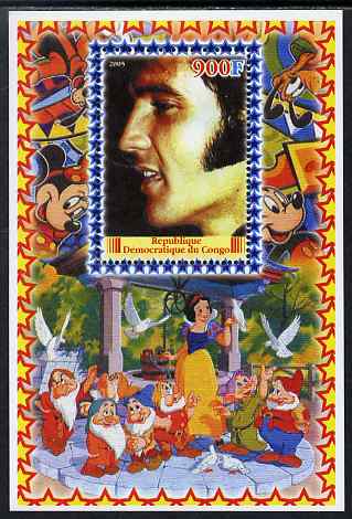 Congo 2005 Elvis Presley #01 perf s/sheet with Disney characters in background unmounted mint, stamps on movies, stamps on films, stamps on cinema, stamps on disney, stamps on elvis, stamps on music, stamps on pops
