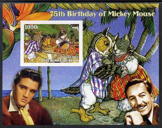 Benin 2003 75th Birthday of Mickey Mouse - The Owl & the Pussy Cat #3 (also shows Elvis & Walt Disney) imperf m/sheet unmounted mint. Note this item is privately produced and is offered purely on its thematic appeal, stamps on , stamps on  stamps on personalities, stamps on  stamps on movies, stamps on  stamps on films, stamps on  stamps on cinema, stamps on  stamps on fish, stamps on  stamps on fairy tales, stamps on  stamps on elvis, stamps on  stamps on disney, stamps on  stamps on cats, stamps on  stamps on owls, stamps on  stamps on birds of prey