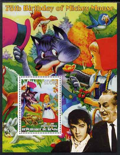 Benin 2003 75th Birthday of Mickey Mouse - Little Red Riding Hood #01 (also shows Elvis & Walt Disney) perf m/sheet unmounted mint. Note this item is privately produced a..., stamps on personalities, stamps on movies, stamps on films, stamps on cinema, stamps on fairy tales, stamps on elvis, stamps on disney, stamps on 
