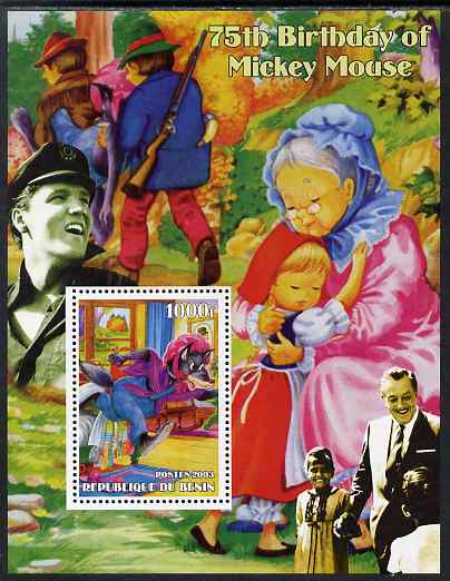 Benin 2003 75th Birthday of Mickey Mouse - Little Red Riding Hood #02 (also shows Elvis & Walt Disney) perf m/sheet unmounted mint. Note this item is privately produced and is offered purely on its thematic appeal, stamps on personalities, stamps on movies, stamps on films, stamps on cinema, stamps on fairy tales, stamps on elvis, stamps on disney, stamps on 
