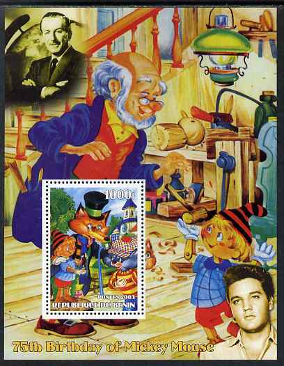 Benin 2003 75th Birthday of Mickey Mouse - Pinocchio #02 (also shows Elvis & Walt Disney) perf m/sheet unmounted mint. Note this item is privately produced and is offered..., stamps on personalities, stamps on movies, stamps on films, stamps on cinema, stamps on fairy tales, stamps on elvis, stamps on disney, stamps on 