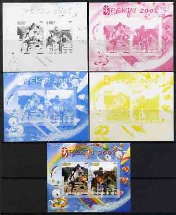 Benin 2007 Beijing Olympic Games #02 - Show Jumping (2) s/sheet containing 2 values (Disney characters in background) - the set of 5 imperf progressive proofs comprising ..., stamps on sport, stamps on olympics, stamps on disney, stamps on horses, stamps on show jumping