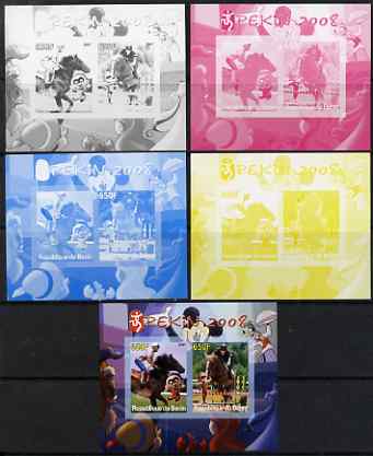 Benin 2007 Beijing Olympic Games #03 - Show Jumping (3) s/sheet containing 2 values (Disney characters in background) - the set of 5 imperf progressive proofs comprising the 4 individual colours plus all 4-colour composite, unmounted mint , stamps on sport, stamps on olympics, stamps on disney, stamps on horses, stamps on show jumping