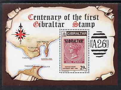 Gibraltar 1986 Stamp Centenary perf m/sheet unmounted mint, SG MS539, stamps on stamponstamp, stamps on stamp centenaries, stamps on maps
