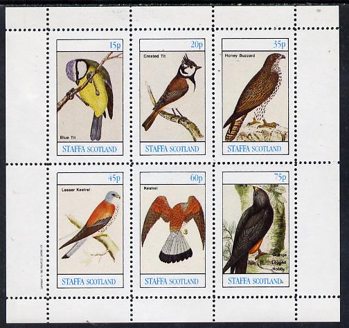 Staffa 1982 Birds #09 (Blue Tit, Kestrel, Hobby etc) perf set of 6 values (15p to 75p) unmounted mint, stamps on birds, stamps on birds of prey, stamps on kestrel, stamps on tits, stamps on buzzards, stamps on hobby