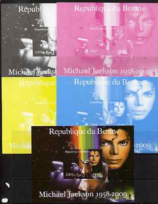 Benin 2009 Michael Jackson m/sheet - the set of 5 imperf progressive proofs comprising the 4 individual colours plus all 4-colour composite, unmounted mint , stamps on personalities, stamps on music, stamps on pops, stamps on rock