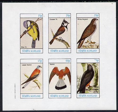 Staffa 1982 Birds #09 (Blue Tit, Kestrel, Hobby etc) imperf set of 6 values (15p to 75p) unmounted mint, stamps on birds, stamps on birds of prey, stamps on kestrel, stamps on tits, stamps on buzzards, stamps on hobby