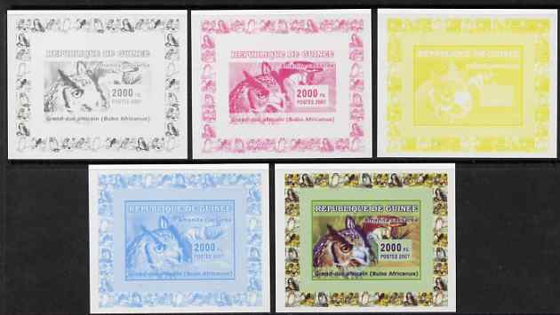 Guinea - Conakry 2007 Owls & Fungi #1 deluxe sheetlet - the set of 5 imperf progressive proofs comprising the 4 individual colours plus all 4-colour composite, unmounted mint as Yv 519 but design reversed, stamps on butterflies, stamps on fungi