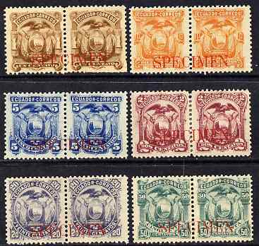 Ecuador 1881 Set of 6 horiz pairs each overprinted Specimen ex ABN Archives, some gum disturbances or rejoined as SG 13-18, stamps on birds, stamps on condor