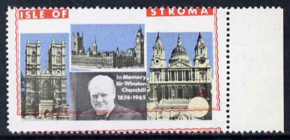 Stroma 1968 Churchill 6d marginal single with red (frame) misplaced upwards by 3 mm slight offset otherwise unmounted and spectacular, stamps on personalities, stamps on churchill, stamps on constitutions, stamps on  ww2 , stamps on masonry, stamps on masonics, stamps on 