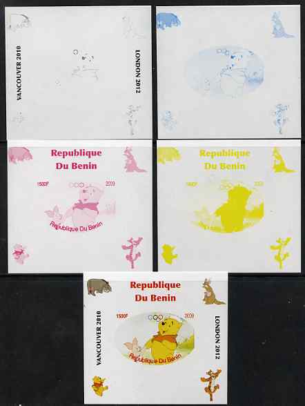 Benin 2009 Pooh Bear & Olympics #01 individual deluxe sheet the set of 5 imperf progressive proofs comprising the 4 individual colours plus all 4-colour composite, unmoun..., stamps on films, stamps on cinema, stamps on movies, stamps on bears, stamps on fairy tales, stamps on olympics