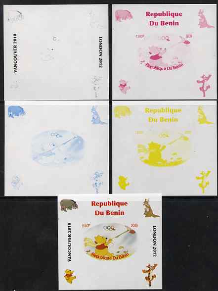 Benin 2009 Pooh Bear & Olympics #04 individual deluxe sheet the set of 5 imperf progressive proofs comprising the 4 individual colours plus all 4-colour composite, unmoun..., stamps on films, stamps on cinema, stamps on movies, stamps on bears, stamps on fairy tales, stamps on olympics