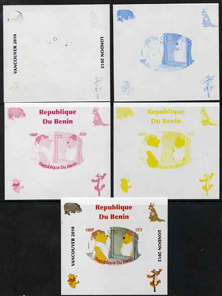 Benin 2009 Pooh Bear & Olympics #05 individual deluxe sheet the set of 5 imperf progressive proofs comprising the 4 individual colours plus all 4-colour composite, unmoun..., stamps on films, stamps on cinema, stamps on movies, stamps on bears, stamps on fairy tales, stamps on olympics