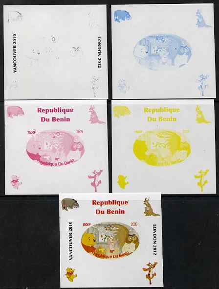 Benin 2009 Pooh Bear & Olympics #06 individual deluxe sheet the set of 5 imperf progressive proofs comprising the 4 individual colours plus all 4-colour composite, unmoun..., stamps on films, stamps on cinema, stamps on movies, stamps on bears, stamps on fairy tales, stamps on olympics, stamps on owls