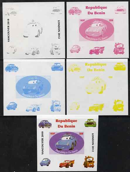 Benin 2009 Disneys Lightning McQueen & Olympics #01 individual deluxe sheet the set of 5 imperf progressive proofs comprising the 4 individual colours plus all 4-colour c..., stamps on films, stamps on cinema, stamps on movies, stamps on cars, stamps on olympics, stamps on disney, stamps on cartoons