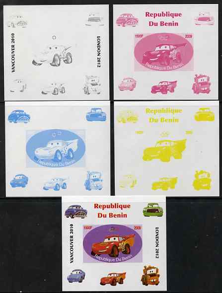 Benin 2009 Disney's Lightning McQueen & Olympics #02 individual deluxe sheet the set of 5 imperf progressive proofs comprising the 4 individual colours plus all 4-colour composite, unmounted mint, stamps on films, stamps on cinema, stamps on movies, stamps on cars, stamps on olympics, stamps on disney, stamps on cartoons