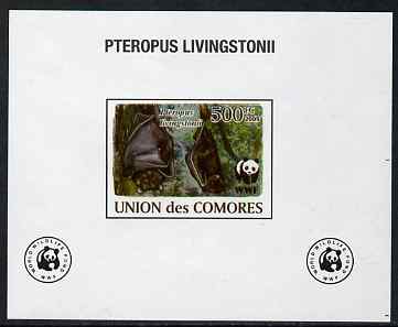Comoro Islands 2009 WWF - Flying Fox (Fruit Bat) #02 individual imperf deluxe sheet unmounted mint. Note this item is privately produced and is offered purely on its thematic appeal, it has no postal validity, stamps on mammals, stamps on bats, stamps on  wwf , stamps on 