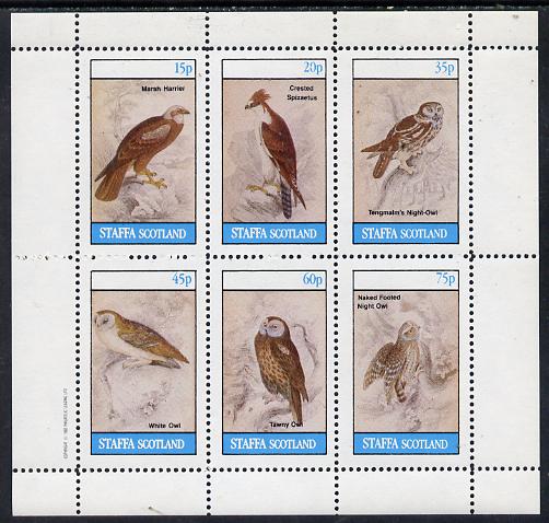 Staffa 1982 Birds of Prey #09 (Marsh Harrier, Owls etc) perf set of 6 values (15p to 75p) unmounted mint, stamps on birds, stamps on birds of prey, stamps on owls