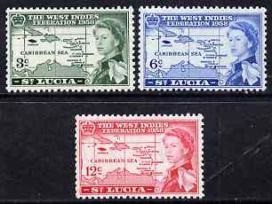 St Lucia 1958 British Caribbean Federation set of 3 unmounted mint SG 185-7, stamps on maps
