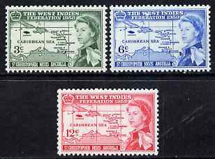St Kitts-Nevis 1958 British Caribbean Federation set of 3 unmounted mint SG 120-2, stamps on maps