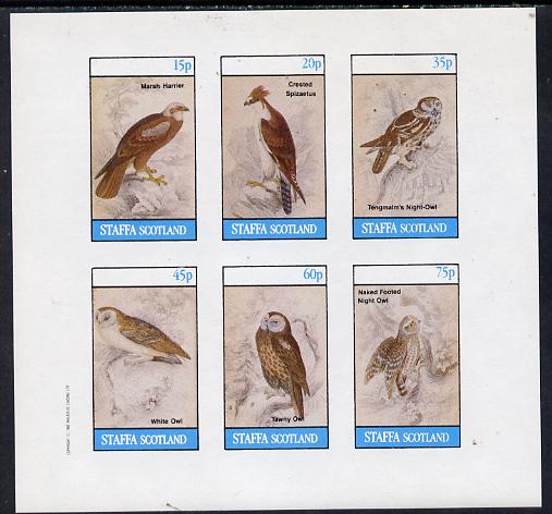 Staffa 1982 Birds of Prey #09 (Marsh Harrier, Owls etc) imperf set of 6 values (15p to 75p) unmounted mint, stamps on , stamps on  stamps on birds, stamps on  stamps on birds of prey, stamps on  stamps on owls