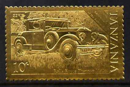 Tanzania 1986 Centenary of Motoring 10s Rolls Royce embossed in 22k gold foil unmounted mint as SG 458, stamps on cars, stamps on rolls royce