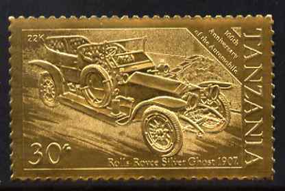 Tanzania 1986 Centenary of Motoring 30s Rolls Royce embossed in 22k gold foil unmounted mint as SG 459, stamps on cars, stamps on rolls royce