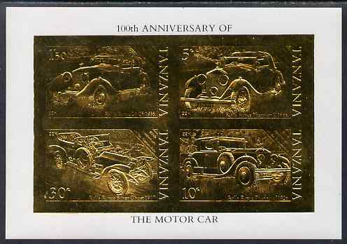 Tanzania 1986 Centenary of Motoring imperf m/sheet embossed in 22k gold foil unmounted mint similar to SG MS 460, stamps on cars, stamps on rolls royce